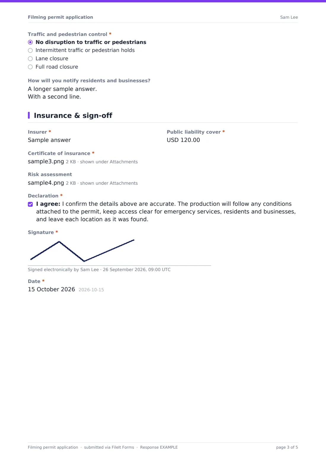 Filming permit application — example response PDF, page 3 of 5