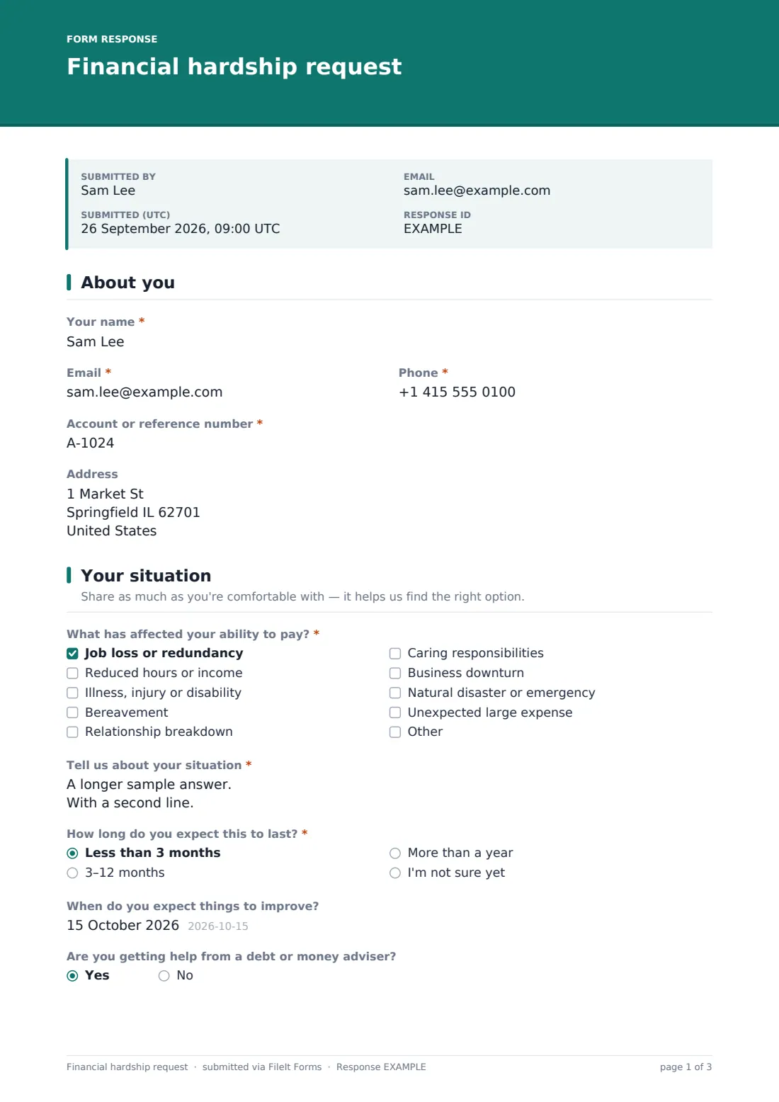 Financial hardship request — example response PDF, page 1 of 3