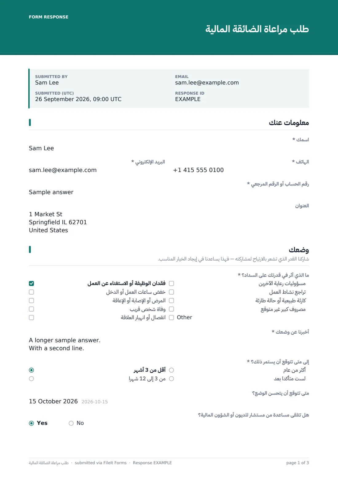 طلب مراعاة الضائقة المالية — ملف PDF لرد نموذجي، الصفحة 1 من 3
