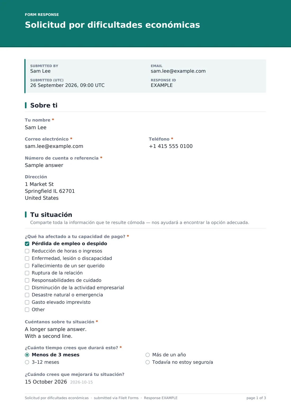 Solicitud por dificultades económicas — PDF de respuesta de ejemplo, página 1 de 3