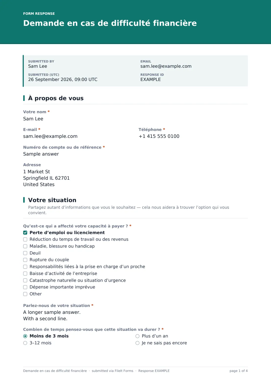 Demande en cas de difficulté financière — exemple de réponse au format PDF, page 1 sur 4