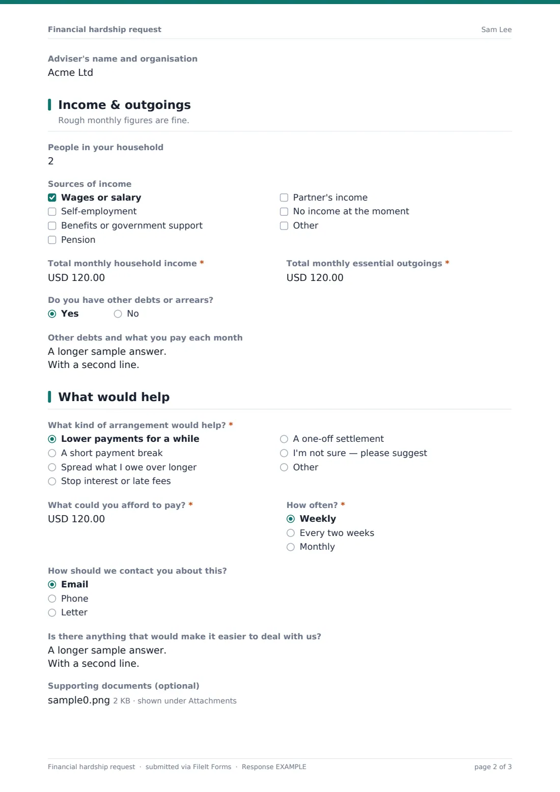 Financial hardship request — example response PDF, page 2 of 3
