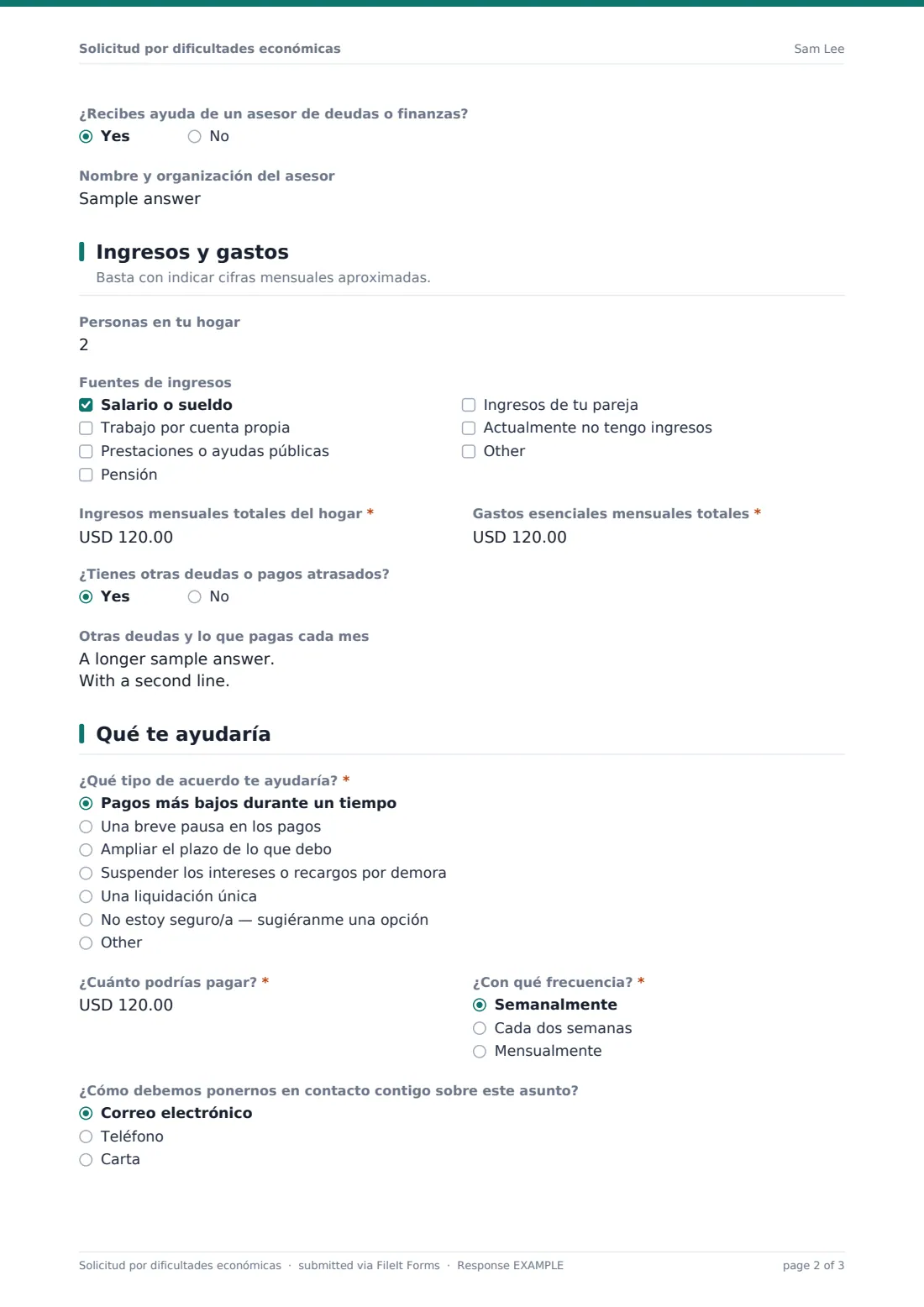 Solicitud por dificultades económicas — PDF de respuesta de ejemplo, página 2 de 3