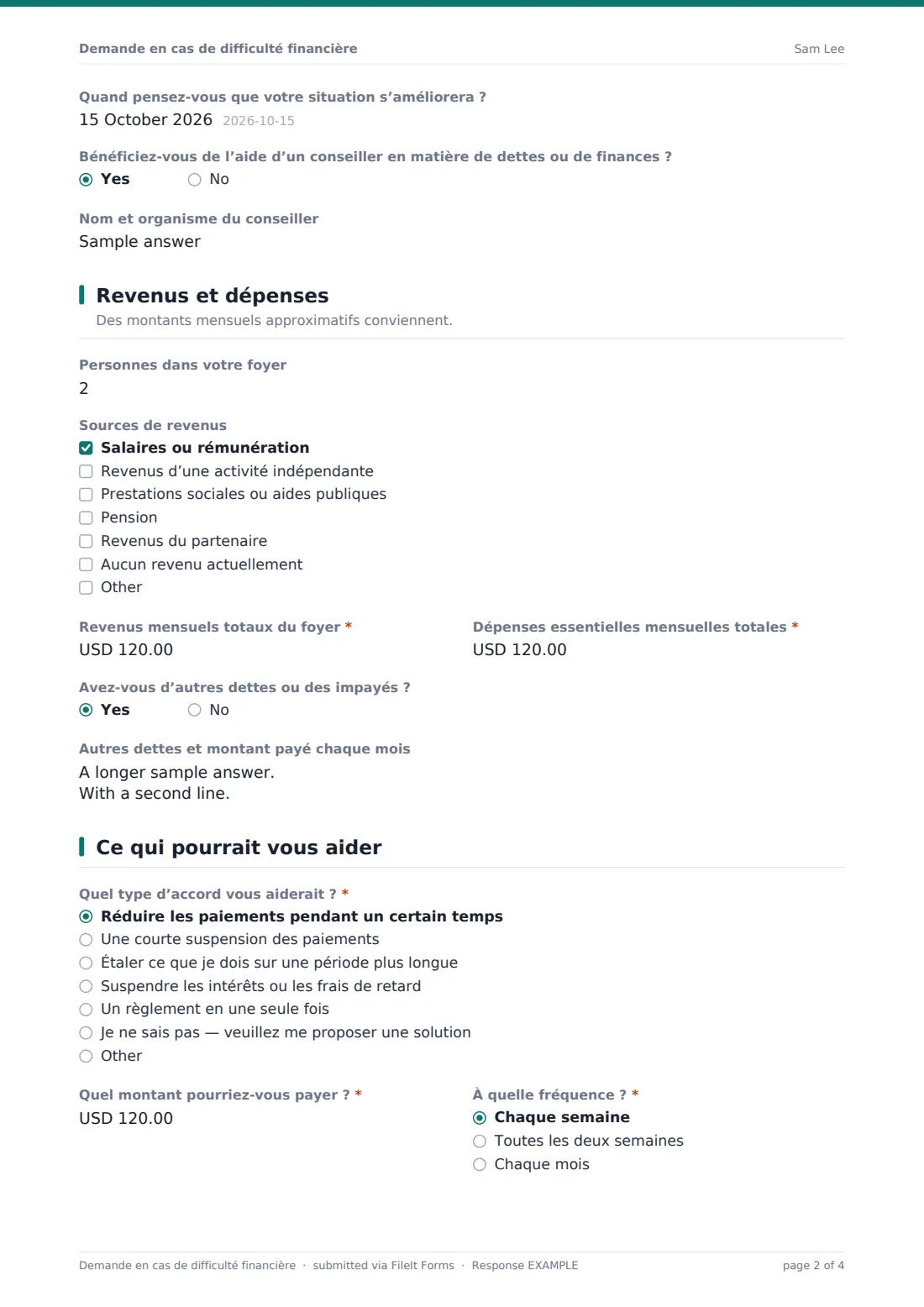 Demande en cas de difficulté financière — exemple de réponse au format PDF, page 2 sur 4