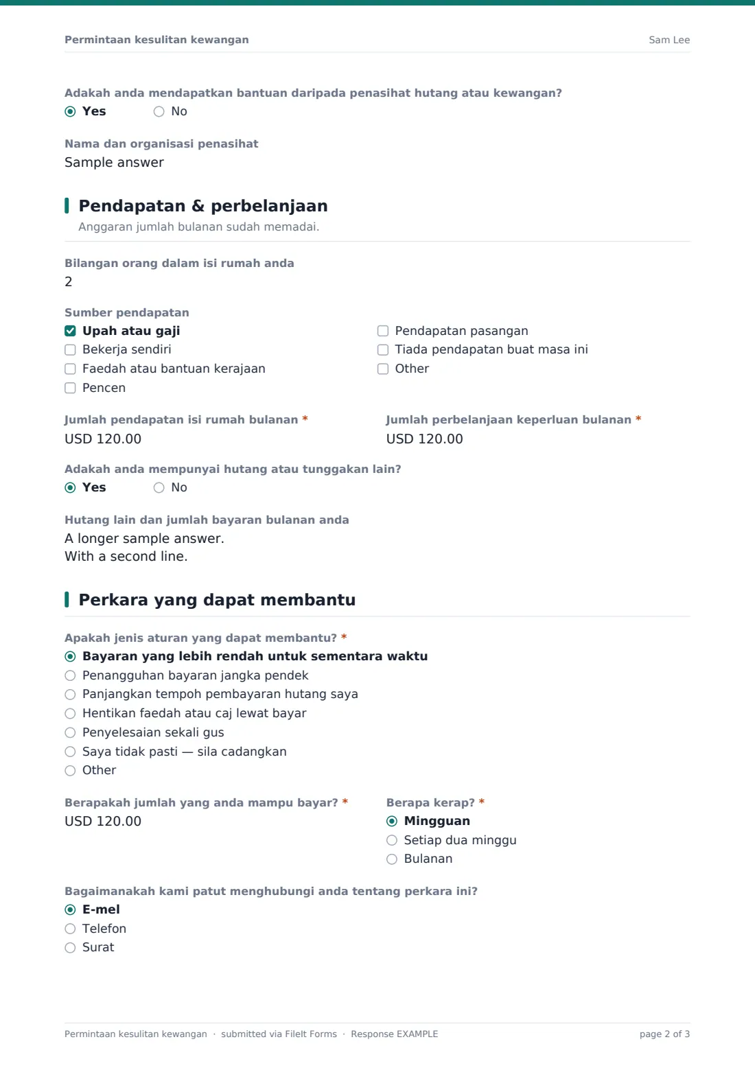 Permintaan kesulitan kewangan — PDF respons contoh, halaman 2 daripada 3