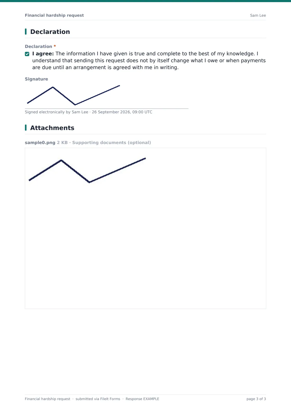 Financial hardship request — example response PDF, page 3 of 3