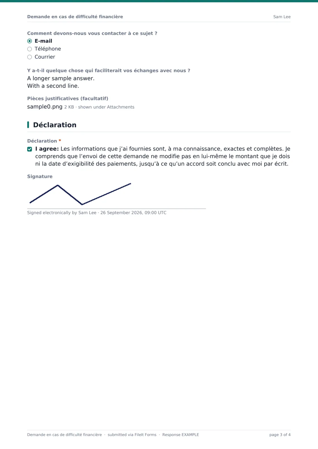 Demande en cas de difficulté financière — exemple de réponse au format PDF, page 3 sur 4