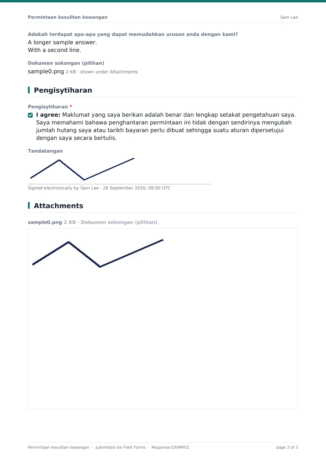 Permintaan kesulitan kewangan — PDF respons contoh, halaman 3 daripada 3