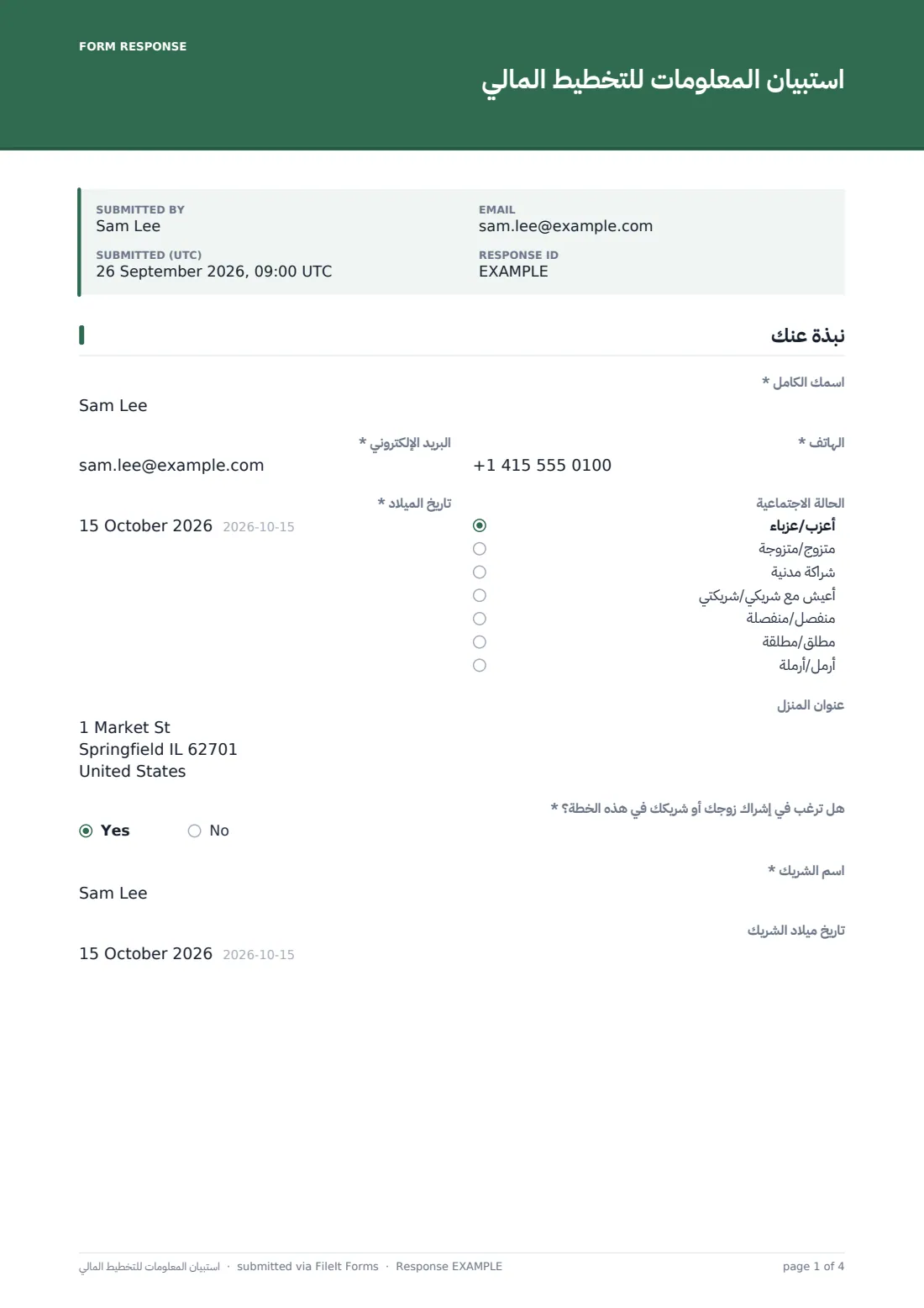 استبيان المعلومات للتخطيط المالي — ملف PDF لرد نموذجي، الصفحة 1 من 4