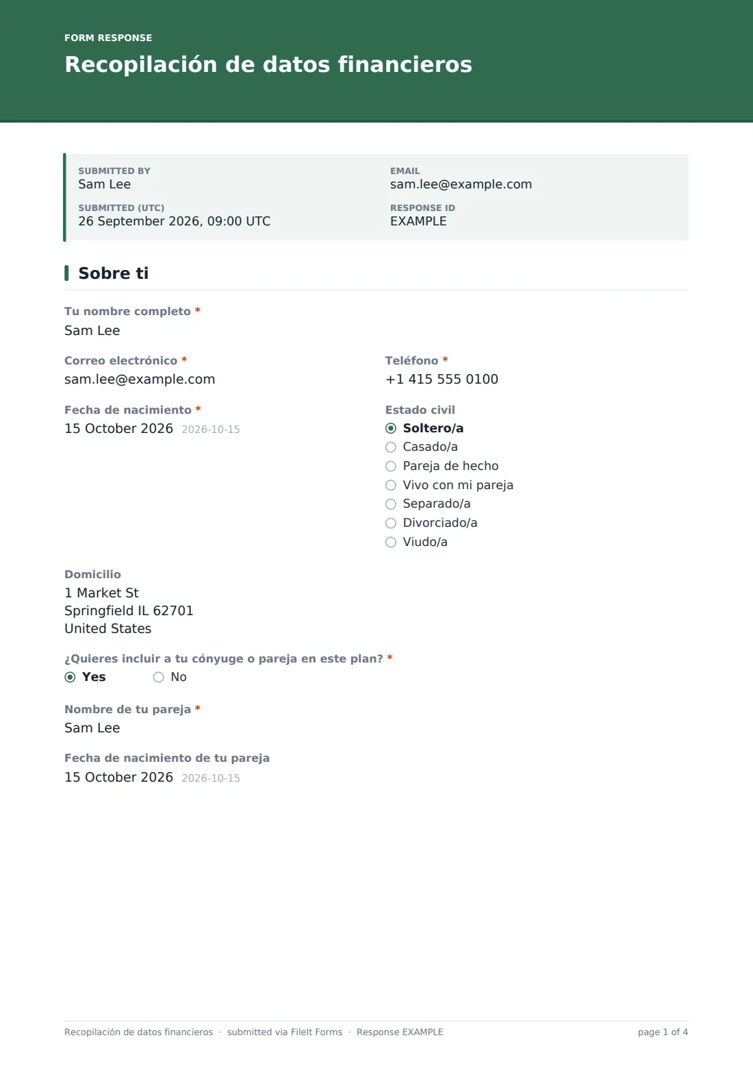 Recopilación de datos financieros — PDF de respuesta de ejemplo, página 1 de 4