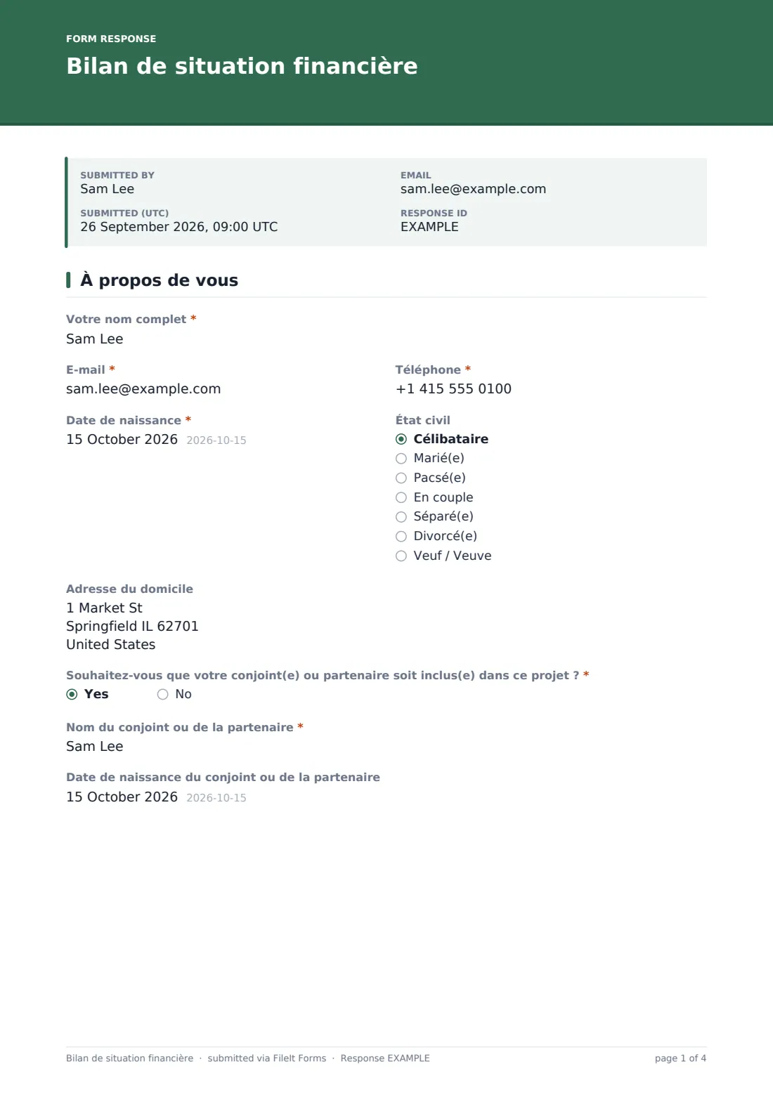 Bilan de situation financière — exemple de réponse au format PDF, page 1 sur 4