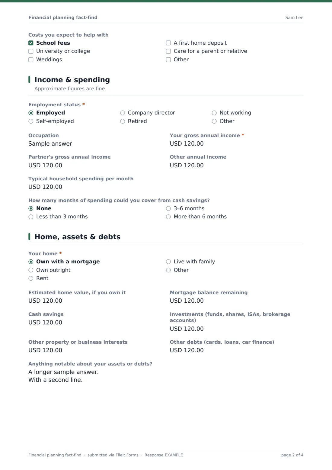Financial planning fact-find — example response PDF, page 2 of 4
