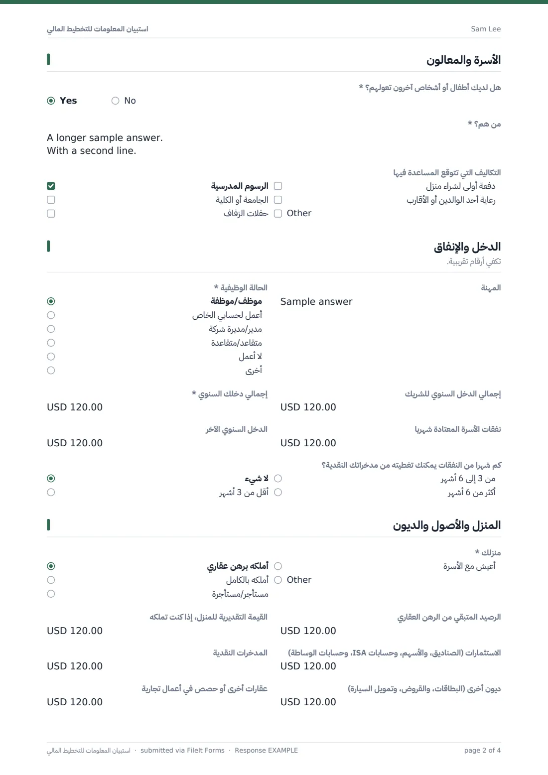 استبيان المعلومات للتخطيط المالي — ملف PDF لرد نموذجي، الصفحة 2 من 4