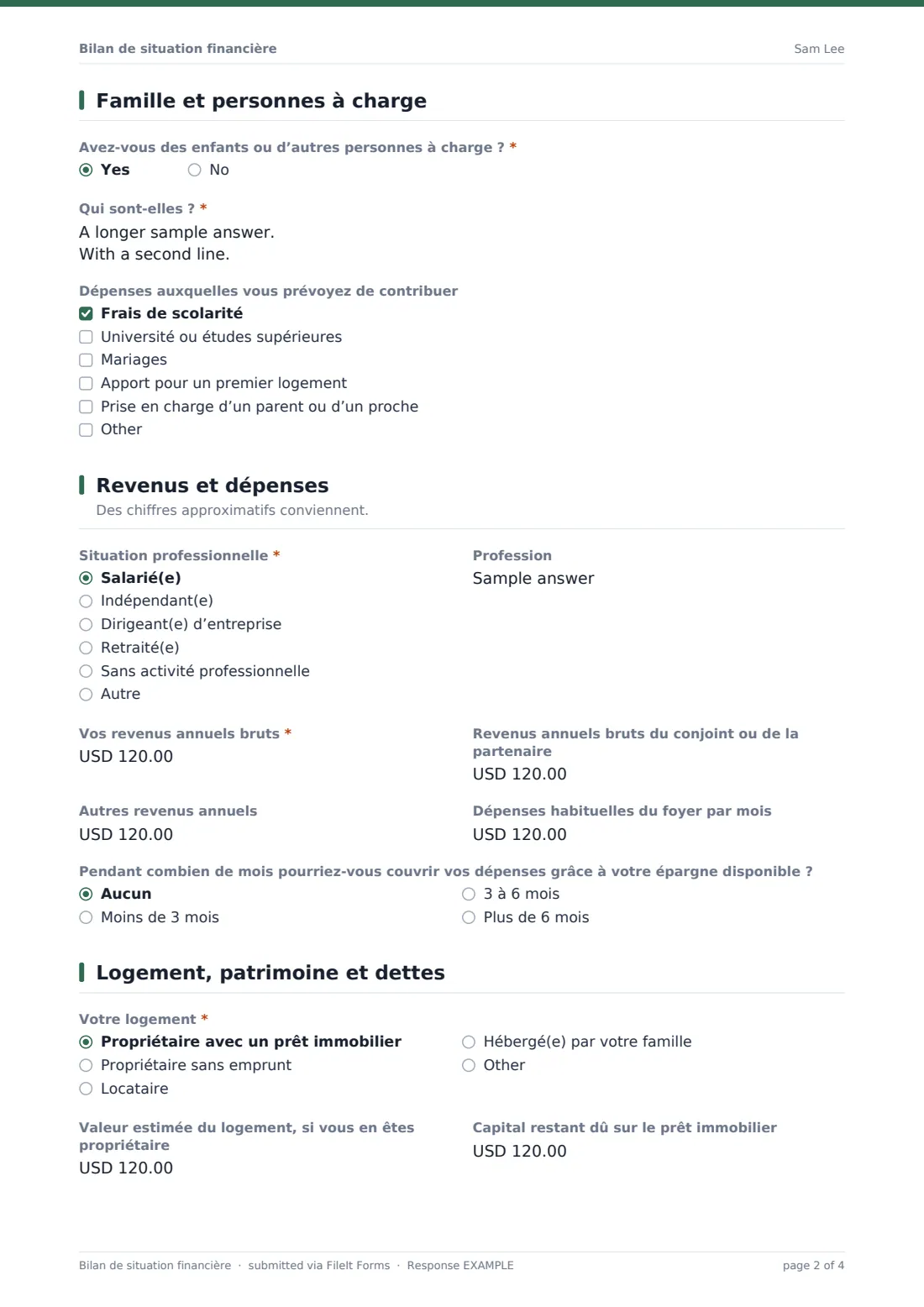Bilan de situation financière — exemple de réponse au format PDF, page 2 sur 4