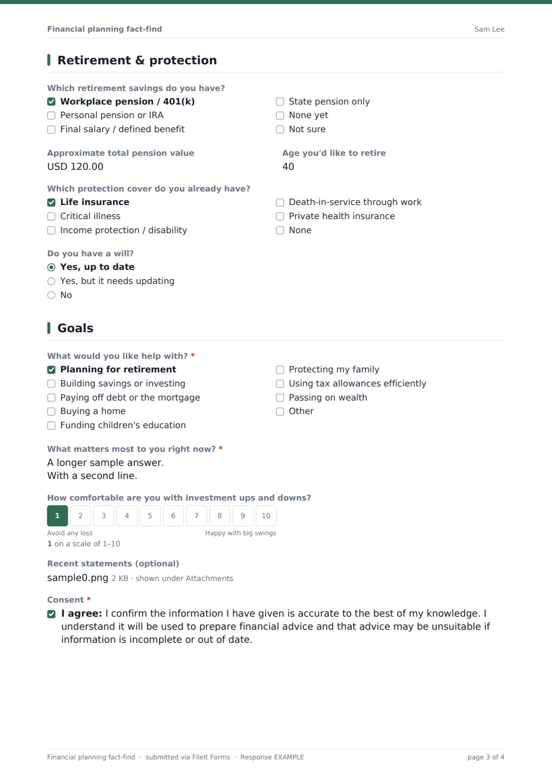 Financial planning fact-find — example response PDF, page 3 of 4