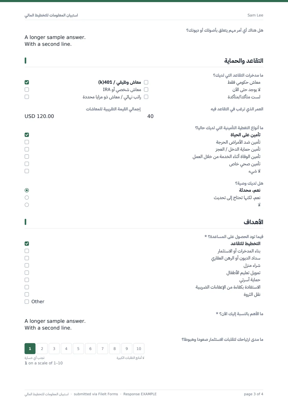 استبيان المعلومات للتخطيط المالي — ملف PDF لرد نموذجي، الصفحة 3 من 4