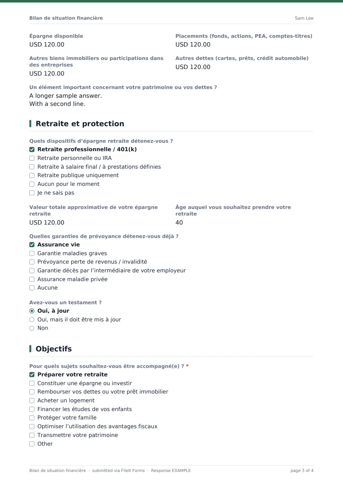Bilan de situation financière — exemple de réponse au format PDF, page 3 sur 4