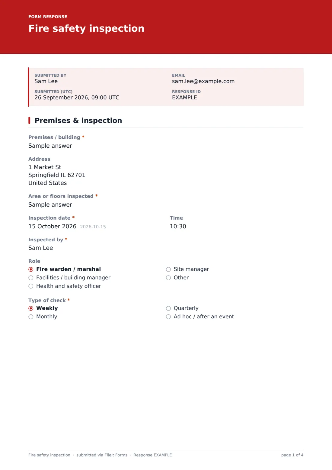 Fire safety inspection — example response PDF, page 1 of 4