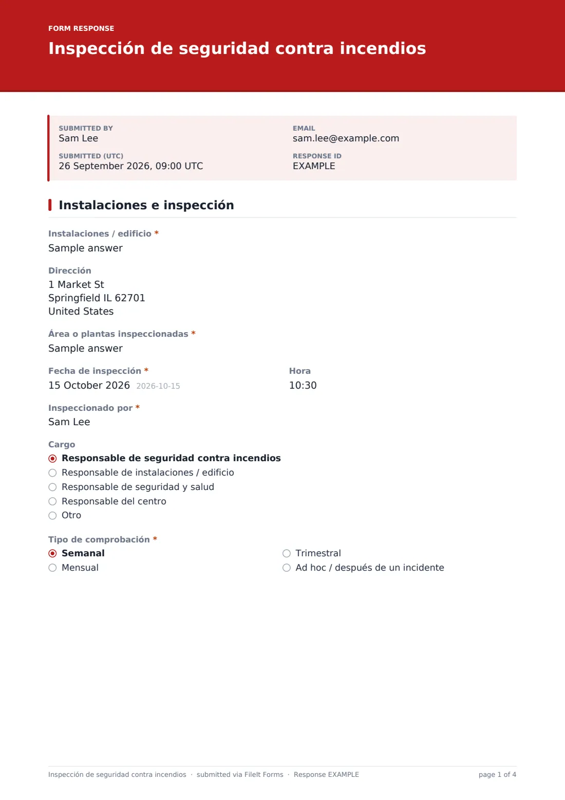 Inspección de seguridad contra incendios — PDF de respuesta de ejemplo, página 1 de 4
