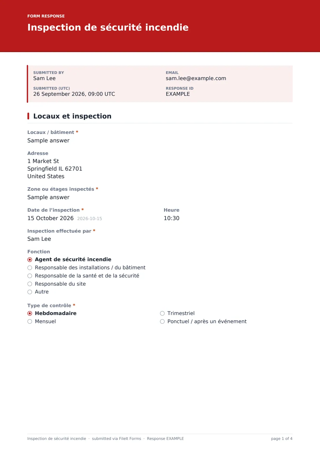 Inspection de sécurité incendie — exemple de réponse au format PDF, page 1 sur 4