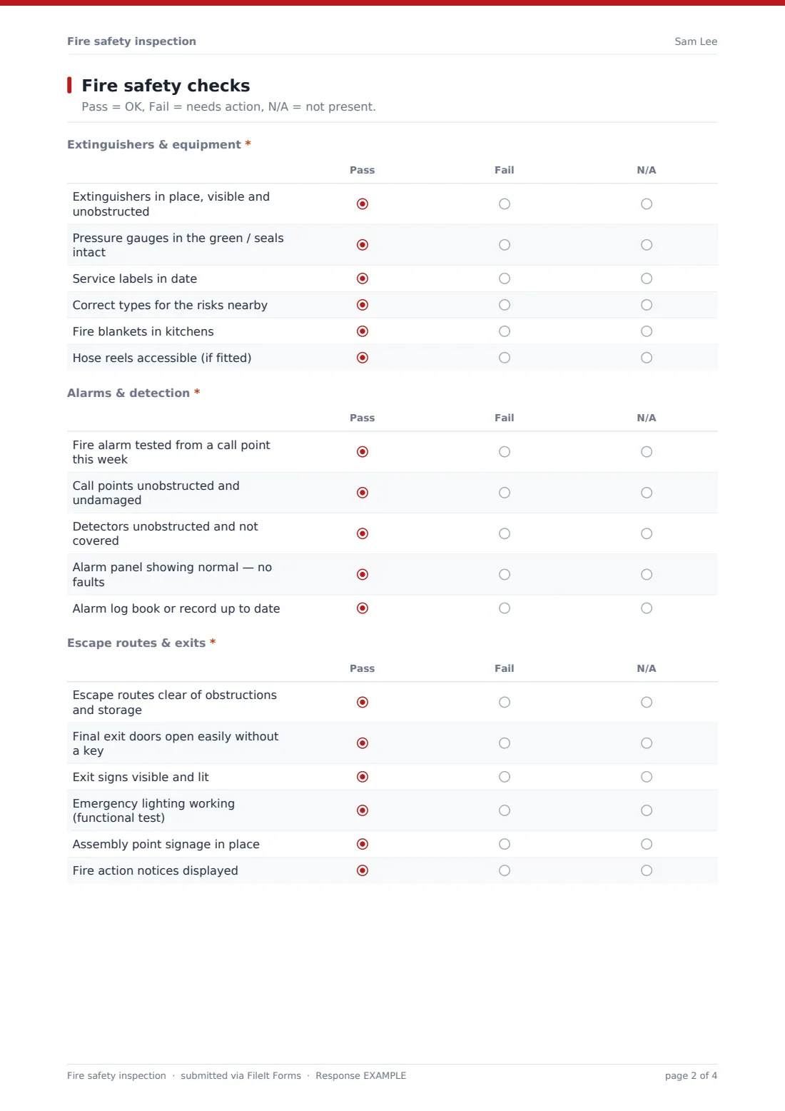 Fire safety inspection — example response PDF, page 2 of 4