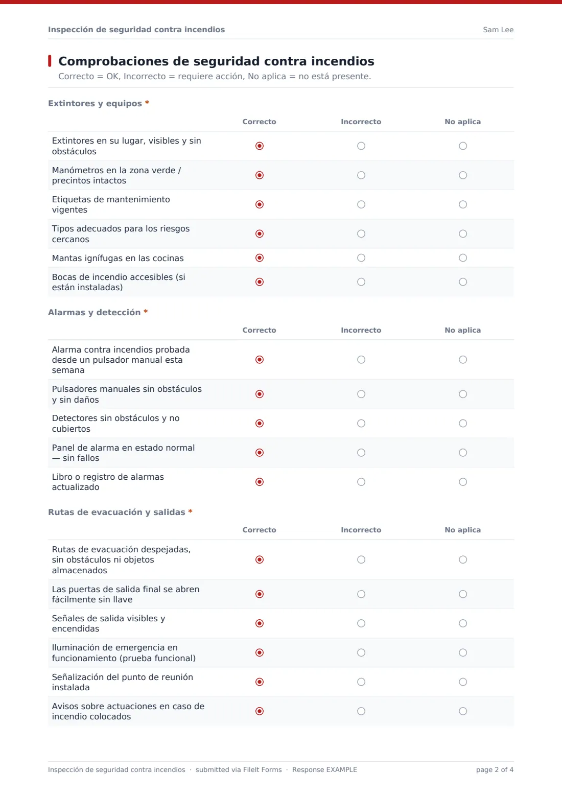 Inspección de seguridad contra incendios — PDF de respuesta de ejemplo, página 2 de 4