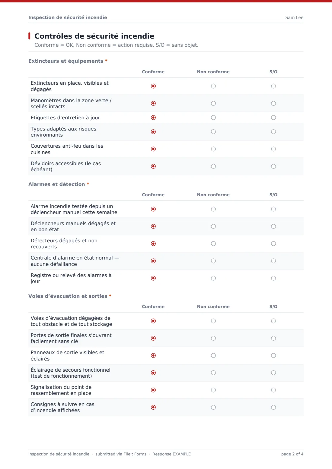Inspection de sécurité incendie — exemple de réponse au format PDF, page 2 sur 4