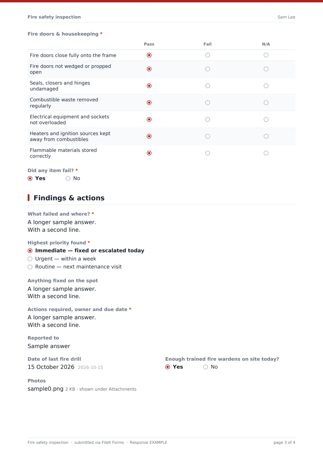 Fire safety inspection — example response PDF, page 3 of 4