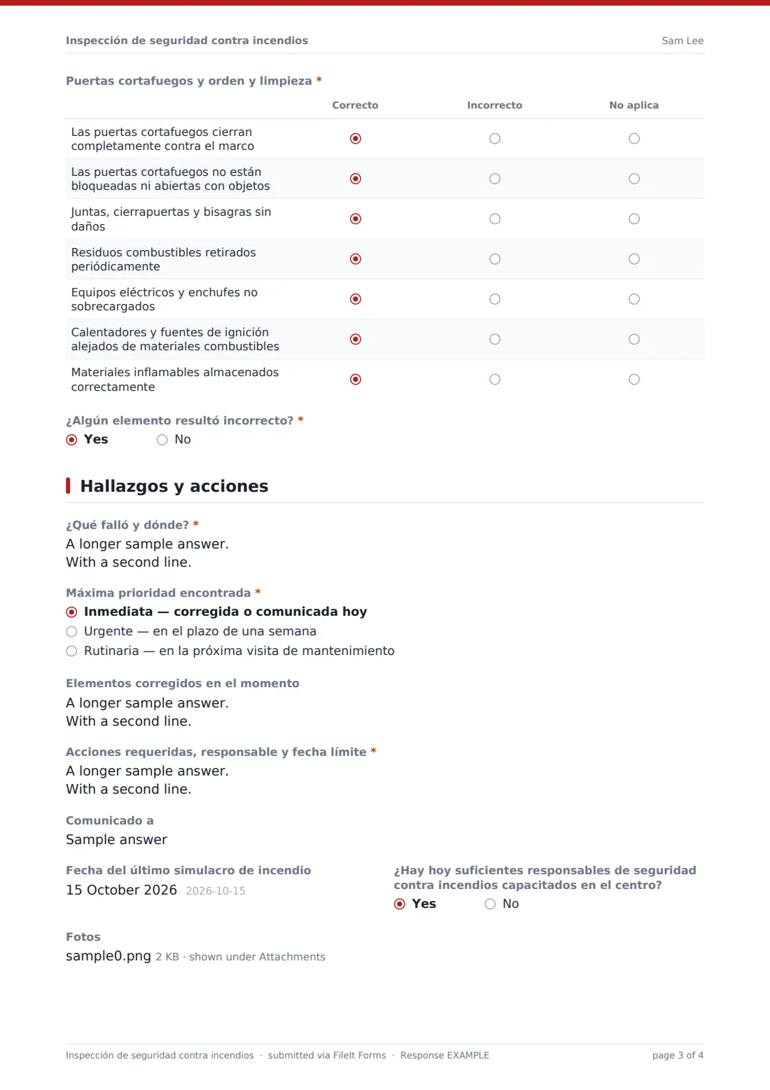 Inspección de seguridad contra incendios — PDF de respuesta de ejemplo, página 3 de 4
