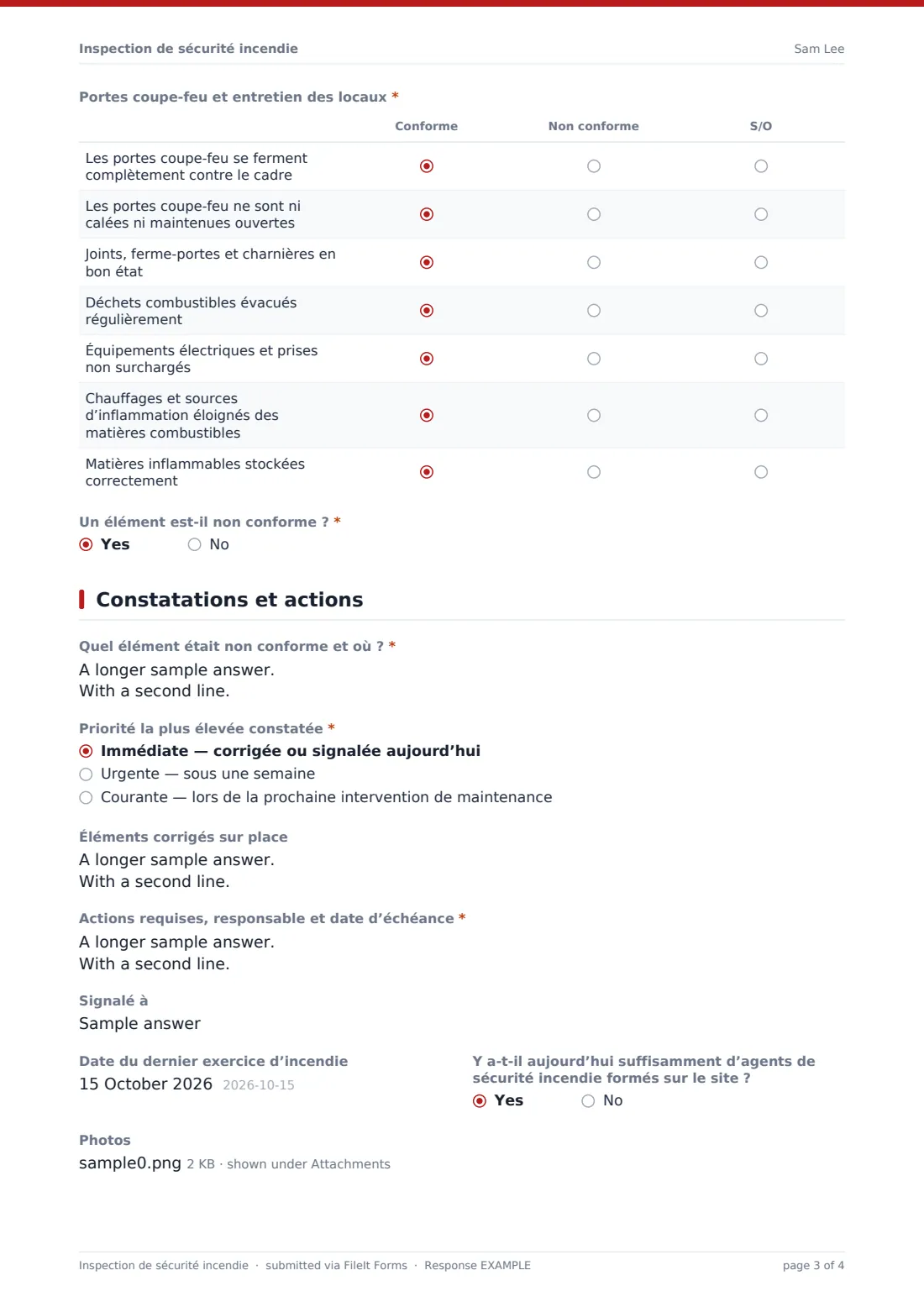 Inspection de sécurité incendie — exemple de réponse au format PDF, page 3 sur 4