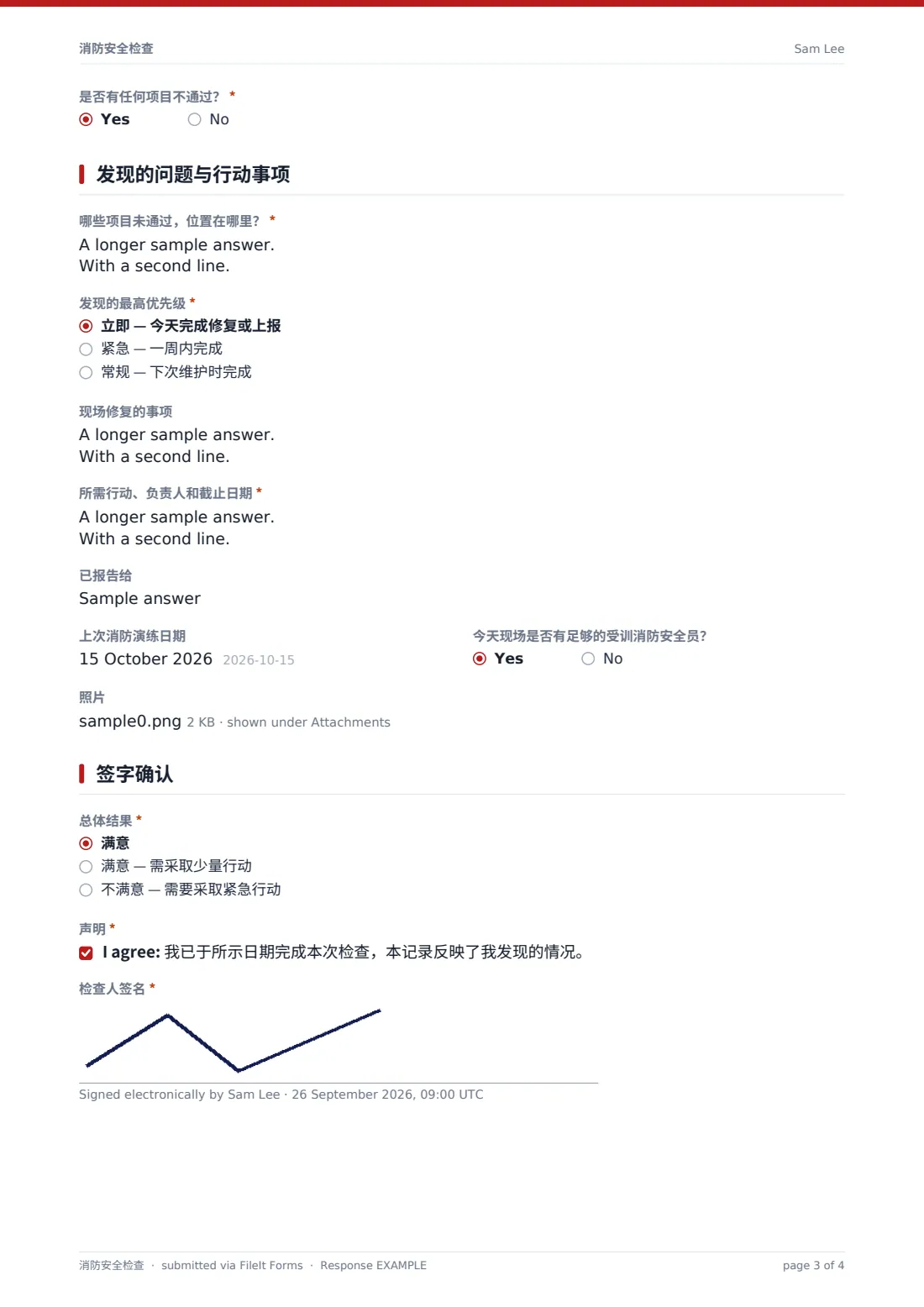 消防安全检查 — 示例回复 PDF，第 3 页，共 4 页