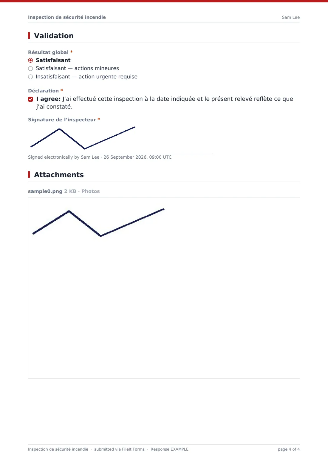 Inspection de sécurité incendie — exemple de réponse au format PDF, page 4 sur 4