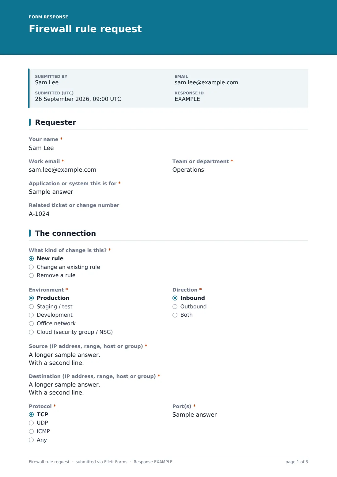 Firewall rule request — example response PDF, page 1 of 3
