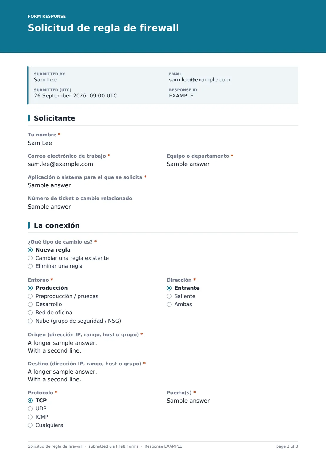 Solicitud de regla de firewall — PDF de respuesta de ejemplo, página 1 de 3