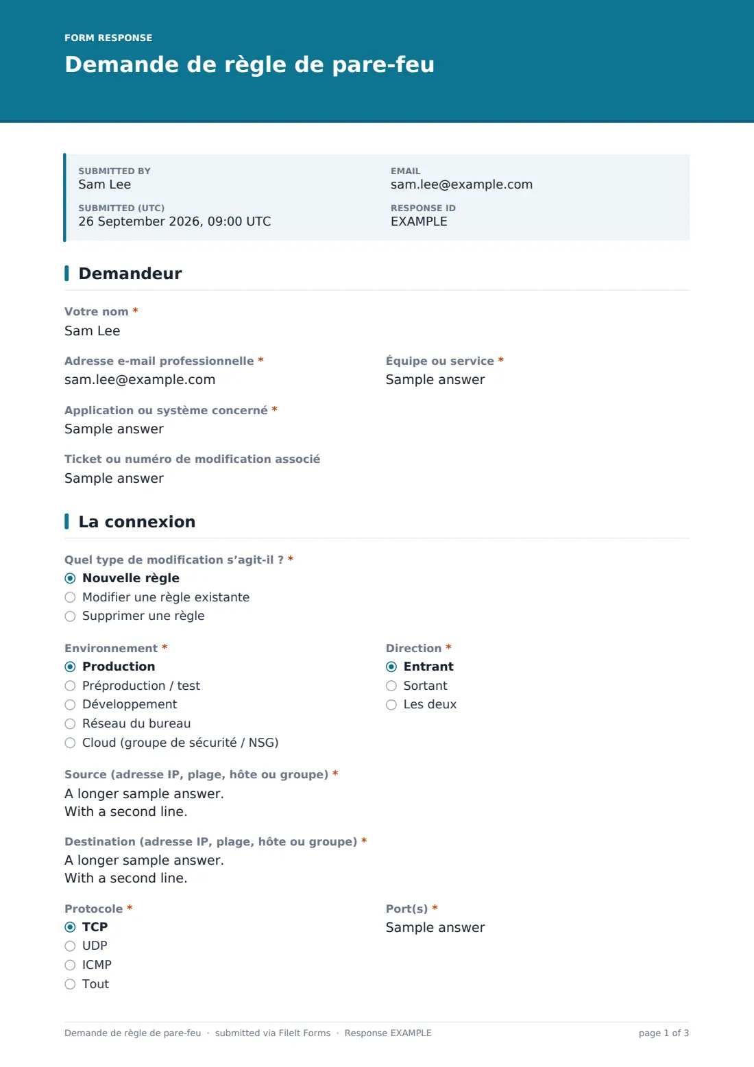 Demande de règle de pare-feu — exemple de réponse au format PDF, page 1 sur 3