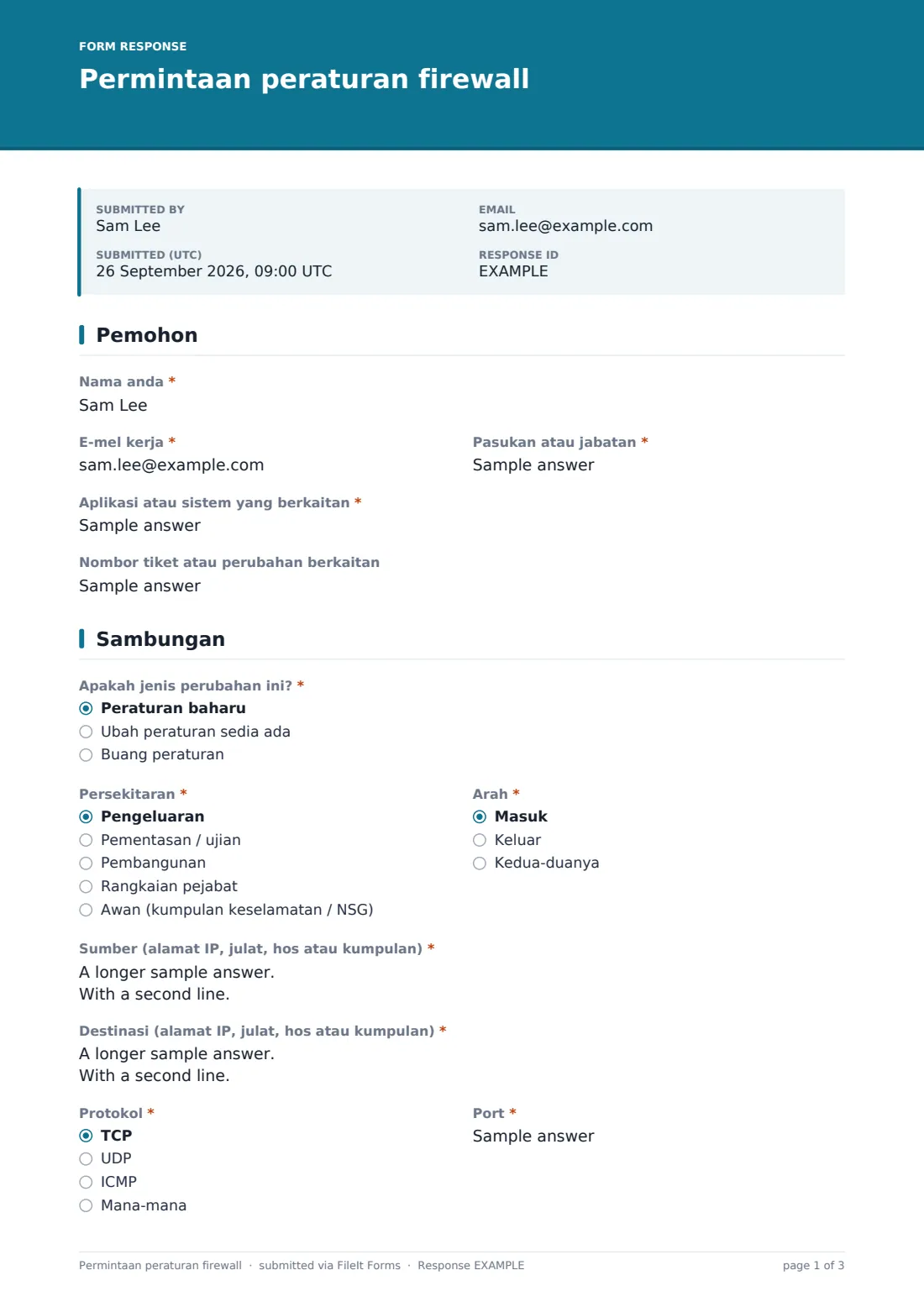 Permintaan peraturan firewall — PDF respons contoh, halaman 1 daripada 3