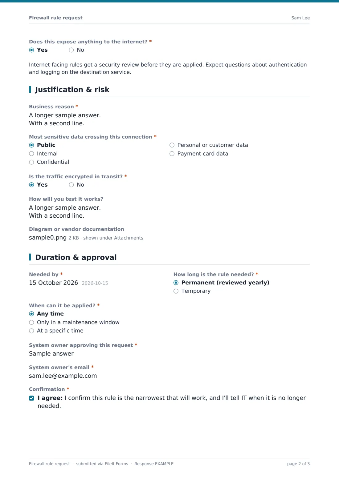 Firewall rule request — example response PDF, page 2 of 3