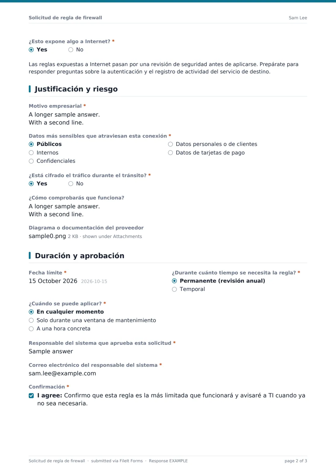 Solicitud de regla de firewall — PDF de respuesta de ejemplo, página 2 de 3