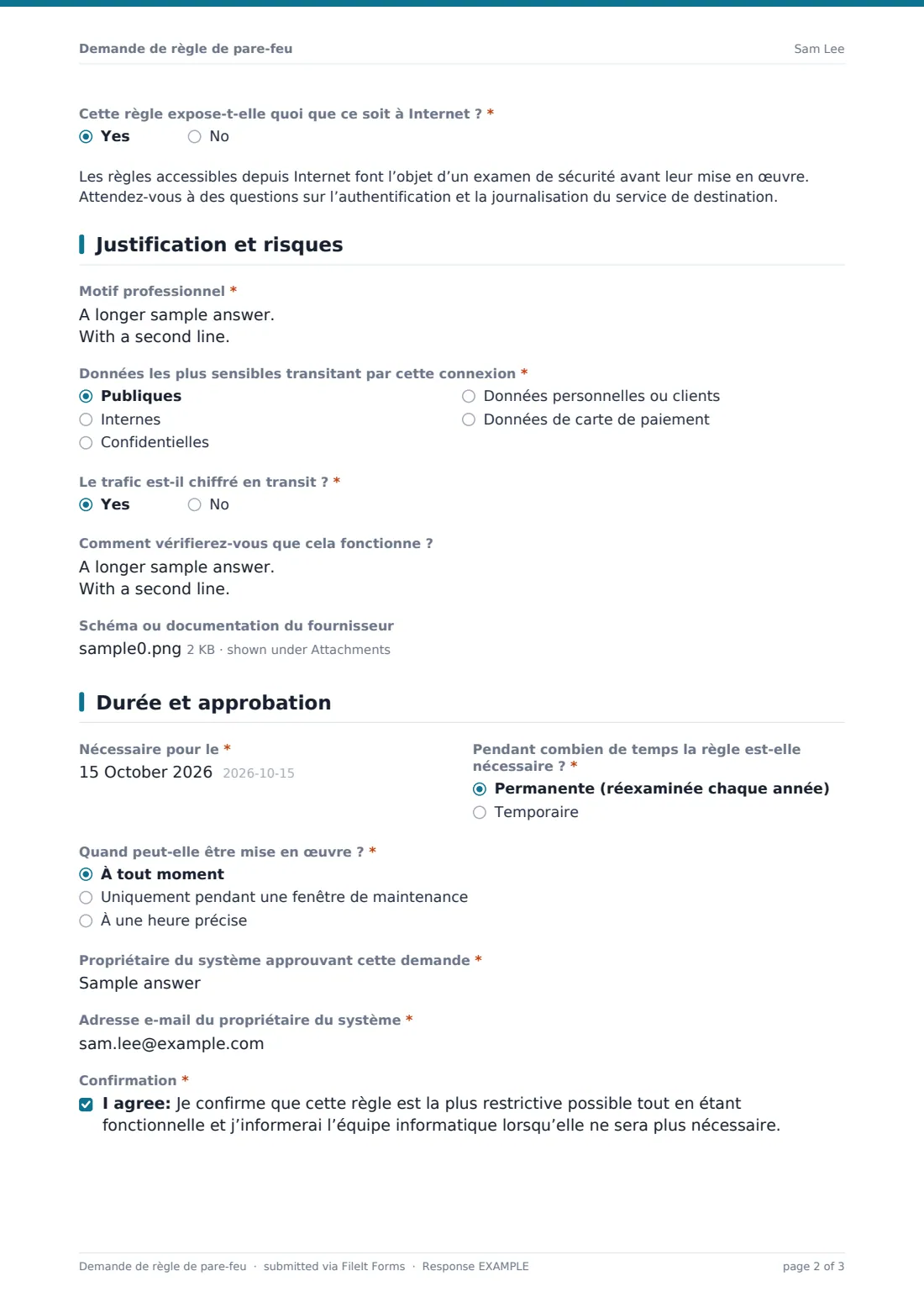 Demande de règle de pare-feu — exemple de réponse au format PDF, page 2 sur 3