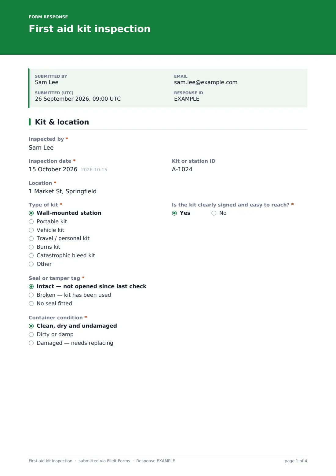 First aid kit inspection — example response PDF, page 1 of 4