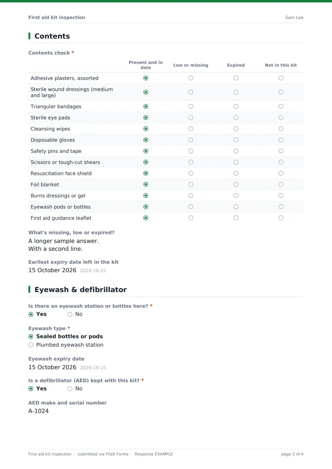 First aid kit inspection — example response PDF, page 2 of 4