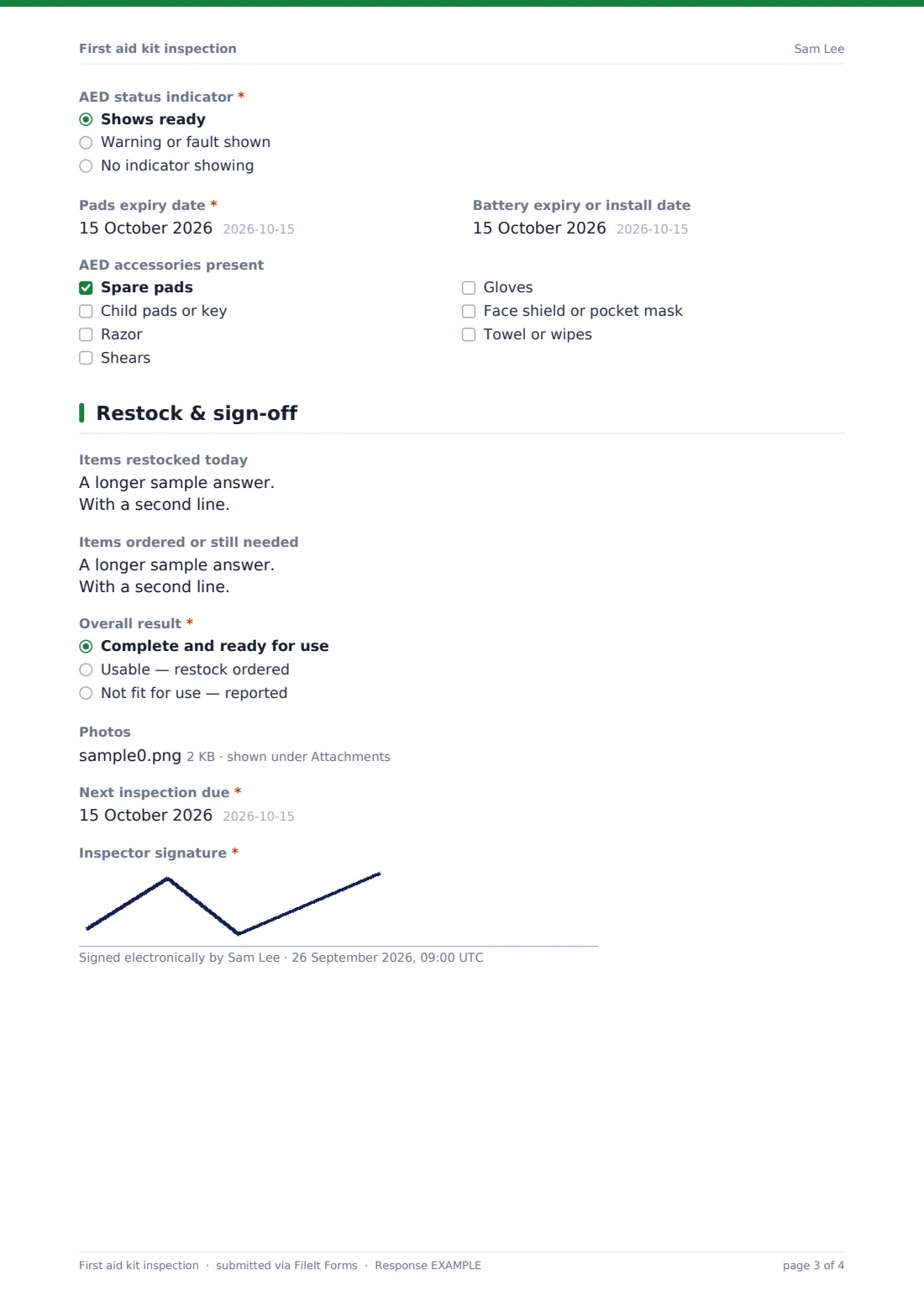 First aid kit inspection — example response PDF, page 3 of 4