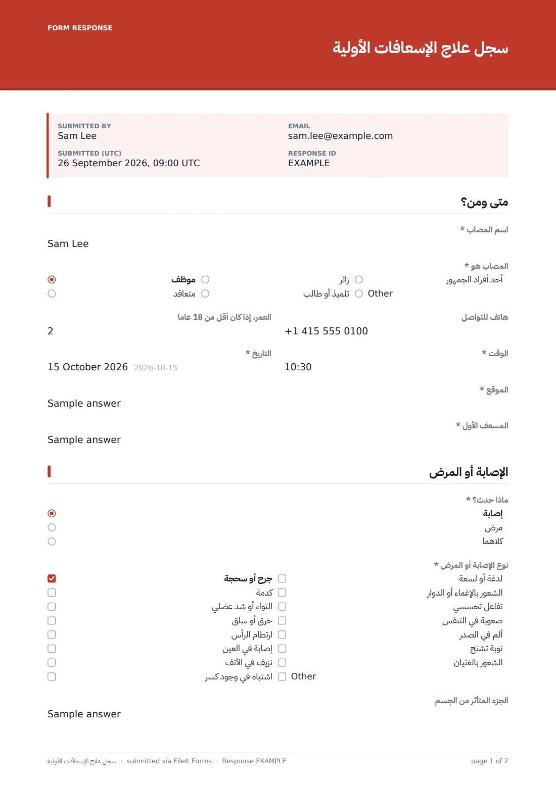 سجل علاج الإسعافات الأولية — ملف PDF لرد نموذجي، الصفحة 1 من 2
