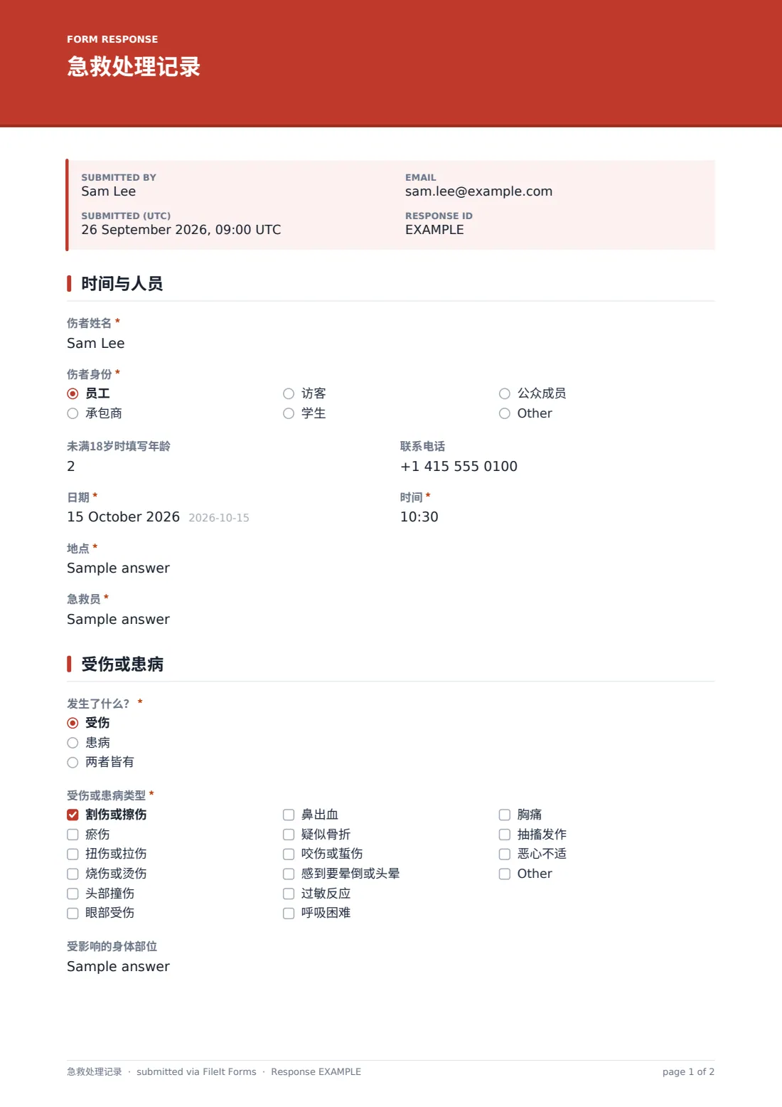 急救处理记录 — 示例回复 PDF，第 1 页，共 2 页