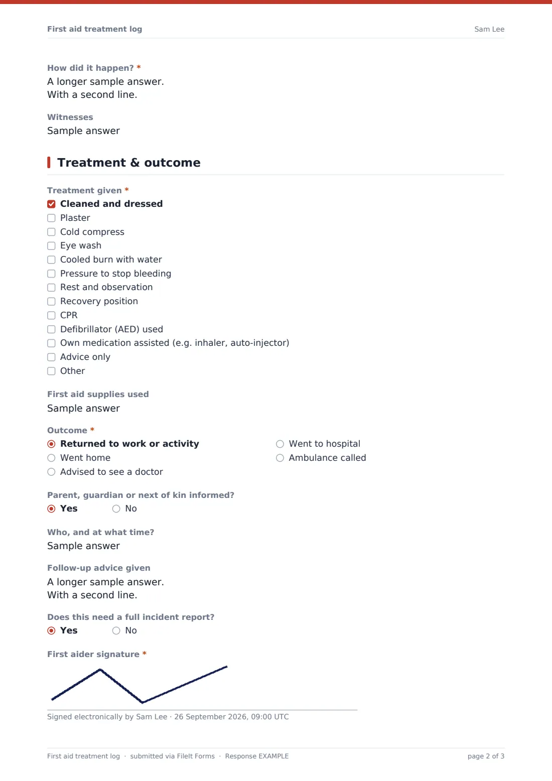 First aid treatment log — example response PDF, page 2 of 3