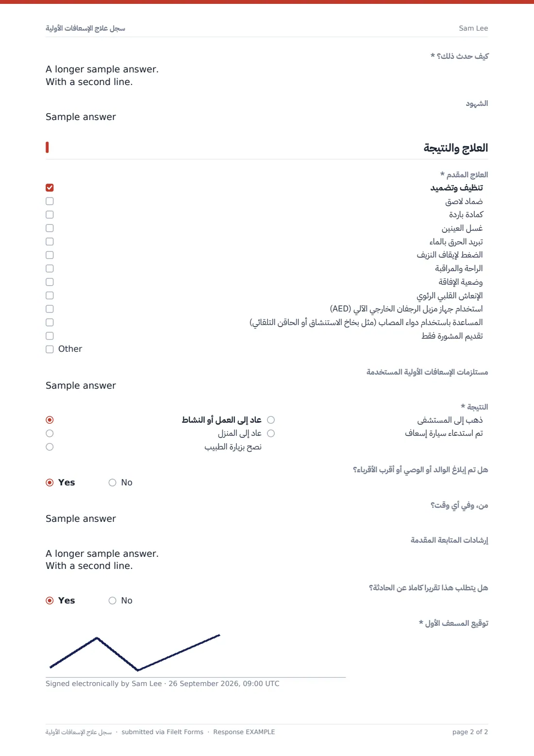 سجل علاج الإسعافات الأولية — ملف PDF لرد نموذجي، الصفحة 2 من 2