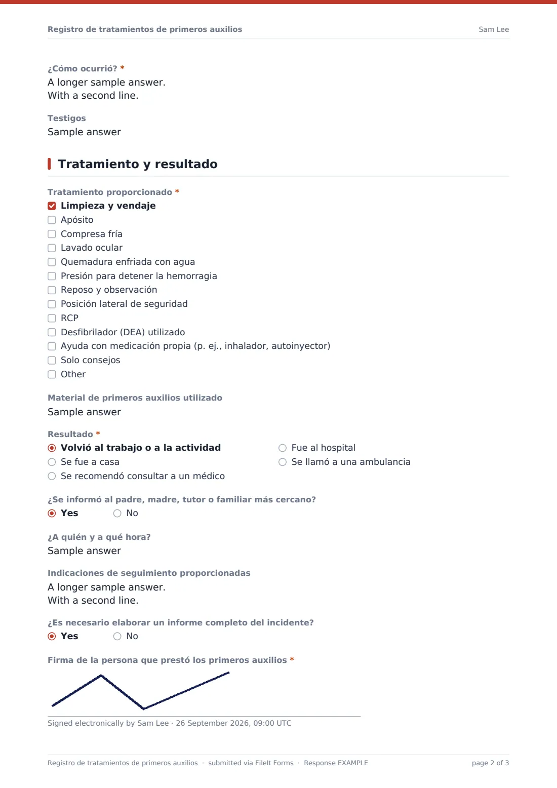 Registro de tratamientos de primeros auxilios — PDF de respuesta de ejemplo, página 2 de 3