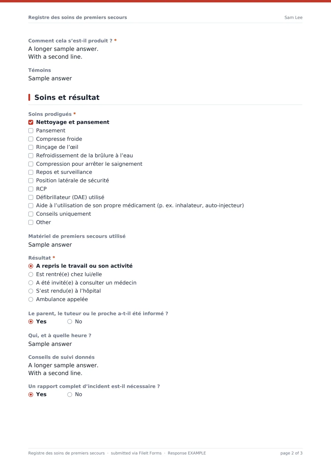 Registre des soins de premiers secours — exemple de réponse au format PDF, page 2 sur 3