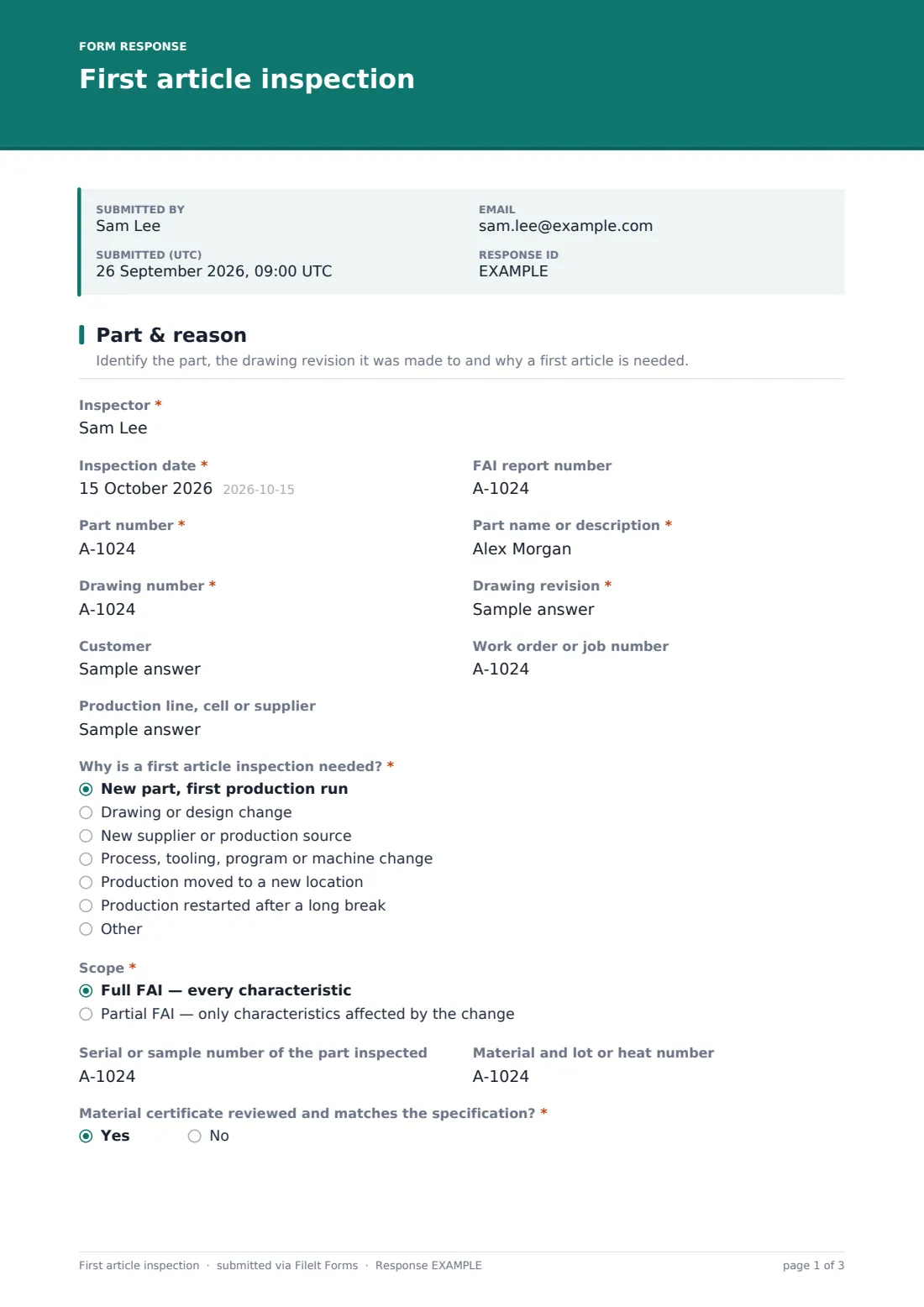 First article inspection — example response PDF, page 1 of 3