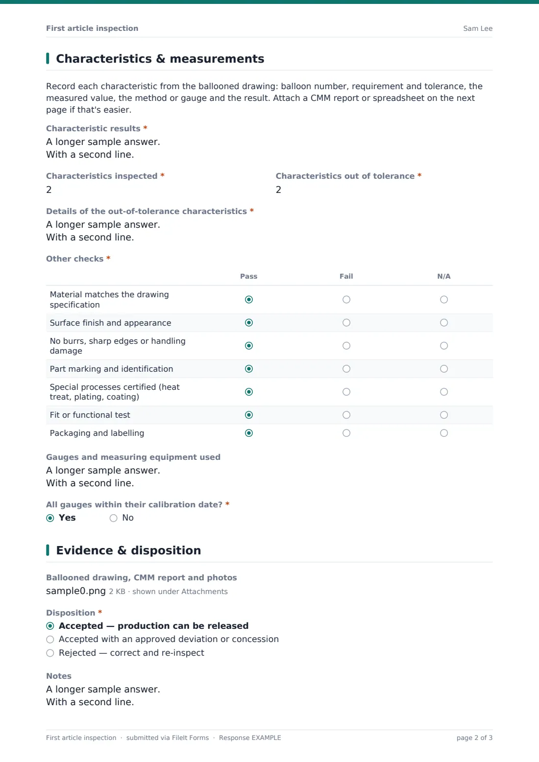 First article inspection — example response PDF, page 2 of 3